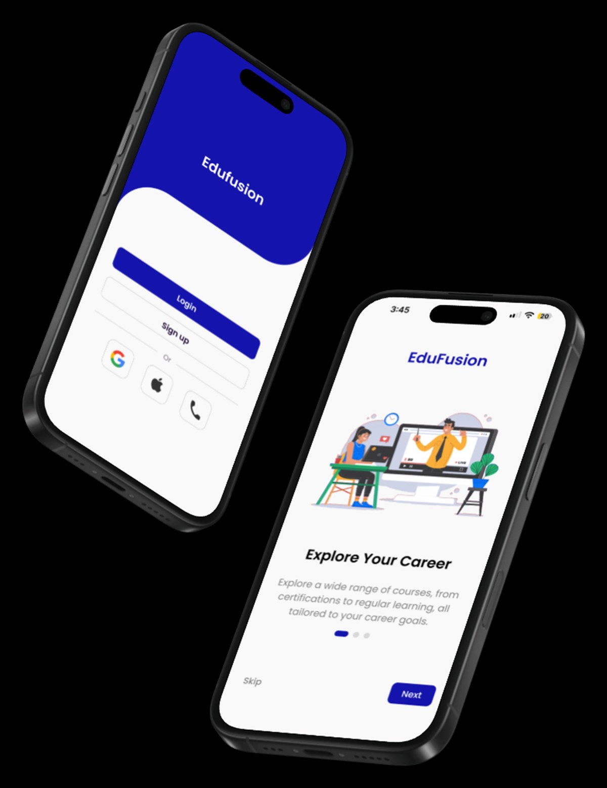 EduFusion login and onboarding screens