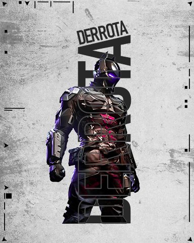 Derrota gaming poster with an armoured character and vertical type